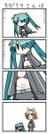  4koma black_rock_shooter black_rock_shooter_(character) black_rock_shooter_(cosplay) blonde_hair chibi chibi_miku cold comic cosplay green_hair hair_over_one_eye hatsune_miku kagamine_rin midriff minami_(colorful_palette) navel silent_comic tears translated translation_request trembling twintails vocaloid wind |_| 