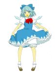  bloomers blue_eyes blue_hair bobby_socks bow bowtie cirno mary_janes open_mouth ririvery shoes short_hair simple_background skirt skirt_lift socks solo standing tomo_(artist) touhou wings 