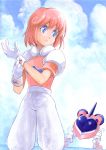  80&#039;s angry blue_eyes blush cloud dressing flat_chest frown gloves heart hirokazu mecha oldschool outdoors pastel pastel_(twinbee) robot shoes short_hair sky sneakers solo standing traditional_media twinbee winbee 