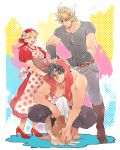  1girl 2boys apron bandana barefoot black_hair blonde_hair blue_hair caesar_anthonio_zeppeli dog dress feathers headband hood jojo_no_kimyou_na_bouken joseph_joestar_(young) multiple_boys oreha00701 squatting suzi_quatro towel 