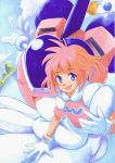  80&#039;s :d bell blue_eyes blush cloud flat_chest flying gloves hands heart hirokazu mecha oldschool open_mouth outdoors pastel pastel_(twinbee) pink_hair short_hair sitting sky smile traditional_media twinbee water 