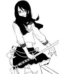  monochrome ririvery scarf school_uniform sword tomo_(artist) weapon 