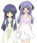  blue_hair dress furude_rika hanyuu higurashi_no_naku_koro_ni horns long_hair multiple_girls purple_eyes purple_hair violet_eyes 