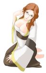  archbishop arunafeltz aruni_(ro) barefoot breasts brown_eyes brown_hair cleavage curly_hair erect_nipples glasses kanzuki_yuu kneeling large_breasts long_hair niren ragnarok_online yu.kanduki 