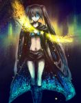  belt bikini_top black_hair black_rock_shooter black_rock_shooter_(character) blue_eyes boots coat flat_chest front-tie_top glowing glowing_eyes hood hooded_jacket jacket knee_boots long_hair midriff navel nou_(pixiv) pale_skin short_shorts shorts solo star twintails uneven_twintails very_long_hair 