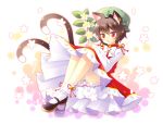  1girl animal_ears bloomers brown_hair cat_ears cat_tail chen clear_moon dress earrings flower hat highres jewelry mary_janes multiple_tails red_eyes shoes short_hair smile solo tail touhou underwear upskirt 