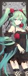  cantarella_(vocaloid) cleavage cross dress earrings face flower green_eyes green_hair hatsune_miku jewelry long_hair rose roses tearfish thighhighs twintails very_long_hair vocaloid 