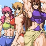  abs blue_eyes brown_eyes brown_hair christina_sierra drill_hair feldt_grace green_eyes gundam gundam_00 long_hair lowres manly muscle oekaki pink_hair rentb sumeragi_lee_noriega swimsuit 