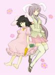  alternate_color animal_ears barefoot black_hair brown_eyes bunny_ears bunny_tail carrot dress floral_background inaba_tewi pink_dress purple_hair rabbit_ears red_eyes reisen_udongein_inaba ririvery shoes simple_background sketch smile tail thigh-highs thighhighs tomo_(artist) tongue touhou uwabaki white_legwear wink 