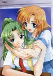  green_eyes green_hair highres higurashi_no_naku_koro_ni hug orange_hair ponytail redhead ryuuguu_rena sonozaki_mion 