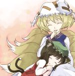  animal_ears bad_id blonde_hair brown_hair cat_ears cat_tail chen closed_eyes earrings fox_ears fox_tail hat ichii ichii_(retroco) jewelry lap_pillow multiple_girls multiple_tails ribbon ribbons short_hair sleeping tail touhou yakumo_ran 