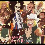  ;d ^_^ ^o^ afro black_hair blonde_hair brook check_translation closed_eyes cowboy_hat facial_hair facial_mark grin hand_up hat instrument keyboard_(instrument) male_focus melodica music musical_note one_eye_closed one_piece pirate playing_instrument smile tomatop translation_request violin yorki 