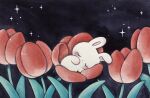  animal blush closed_eyes flower highres leaf night night_sky no_humans original outdoors plant rabbit red_flower sky sleeping zukky000 