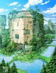  building buildings city cityscape cloud clouds grass highres landscape overgrown ruins scenery shop sign sky tokyogenso tree trees water 