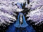  blue_eyes blue_hair cherry_blossoms hatsune_miku highres kawazu long_hair nature necktie petals scenery tree trees twintails vocaloid 