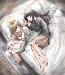  bed black_hair book brown_hair feet haibane_renmei halo kashmir rakka reki school_uniform sleeping smile wings 