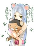  bear_ears blush doll doll_hug gundam gundam_00 hug kabocha long_hair sergei_smirnov silver_hair soma_peries stuffed_animal stuffed_toy teddy_bear translated translation_request yellow_eyes 