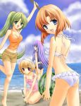  ball beach bikini food fruit furude_rika higurashi_no_naku_koro_ni houjou_satoko houjou_yutori lowres one-piece one-piece_swimsuit ryuuguu_rena school_swimsuit sonozaki_mion swimsuit watermelon 