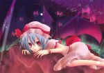  bad_id bat bat_wings bed blue_hair bow demon_girl dress glowing hat lying night night_sky on_stomach open_mouth outdoors pink_eyes pochi-t remilia_scarlet ribbon ribbons short_hair sky touhou wings 