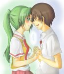  1girl brown_hair couple green_eyes green_hair hand_holding higurashi_no_naku_koro_ni holding_hands lowres maebara_keiichi ponytail sonozaki_mion translated 