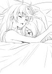  2girls blush closed_eyes couple hair_down houjou_hibiki hug lineart minamino_kanade monochrome multiple_girls naked_sheet ooshima_tomo precure sleeping suite_precure yuri 