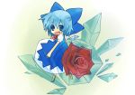  blue_hair bow cirno crystal fang flower hisashi_shin ice ribbon ribbons short_hair solo touhou wings 