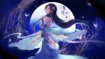  1girl battle_through_the_heavens bug butterfly full_moon gun_xun_er_(battle_through_the_heavens) hair_ornament hands long_hair moon night sideways_glance sleeves weibo_id weibo_logo xiao_xun_er_shi_guang_lu 