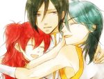  closed_eyes green_hair gundam gundam_00 hug johann_trinity long_hair male michael_trinity nena_trinity red_hair redhead short_hair smile wakaki_yu 