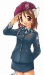  beret brown_eyes brown_hair cat_ears cat_tail ebifly hat military military_uniform salute skirt tail uniform 