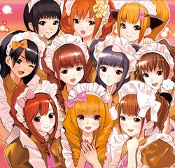  6+girls animal_ears bad_id black_hair blonde_hair blush brown_eyes brown_hair drill_hair everyone hat ink0717 inkey long_hair maid multiple_girls nail_polish open_mouth original ponytail purple_hair red_hair redhead ribbon ribbons short_hair wink 