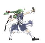  aki_toshi apron bow braid cuffs frills from_behind green_hair hair_bow katana maid me os perspective socks standing sword twin_braids twintails weapon wrist_cuffs 