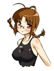  akizuki_ritsuko antenna_hair blush braid breasts brown_eyes brown_hair bust competition_swimsuit glasses idolmaster large_breasts lowres miyabe_kotomi one-piece_swimsuit simple_background speedo_(company) swimsuit twin_braids 