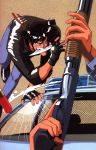  black_hair broken_glass car fang fingerless_gloves glass gloves gun headband jeans jumping knife male motor_vehicle mouth_hold oldschool police riding_bean scar shell_casing short_hair shotgun sideburns sonoda_ken'ichi vehicle weapon 