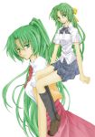  green_hair higurashi_no_naku_koro_ni kneehighs long_hair siblings skirt socks sonozaki_mion sonozaki_shion twins 