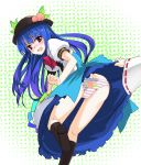 blue_hair blush boots food fruit gochou_(comedia80) hakurei_reimu hat hinanawi_tenshi long_hair panties pantyshot peach peaches print_panties red_eyes skirt skirt_lift tears touhou underwear upskirt