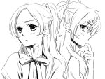  2girls blush bust half_updo houjou_hibiki lineart long_hair minamino_kanade monochrome multiple_girls ooshima_tomo precure scratching_cheek simple_background sketch suite_precure white_background 