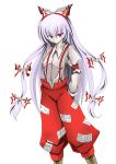  fujiwara_no_mokou hair_ribbon hair_ribbons hand_in_pocket korican long_hair red_eyes ribbon ribbons smirk solo touhou 