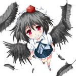  black_wings feathers from_above hat looking_up red_eyes shameimaru_aya smile touhou usakou wings 