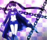  bad_id bangs belt bikini_top black_hair black_rock_shooter black_rock_shooter_(character) blue_eyes chain chains checkered coat flat_chest front-tie_top hood hooded_jacket jacket long_hair midriff pale_skin shorts solo star twintails uneven_twintails very_long_hair wind 