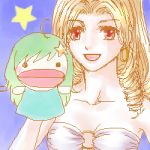  1girl artist_request blonde_hair blue_background blush_stickers bra doll final_fantasy final_fantasy_iv lowres oekaki open_mouth puppet red_eyes rosa_farrell rydia solo star tagme 