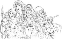  breasts cain_highwind cape cecil_harvey cleavage edge_(ffiv) edward_geraldine elbow_gloves final_fantasy final_fantasy_iv gloves helmet kain_highwind katana monochrome polearm rosa_farrell rydia spear sword weapon 