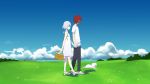  couple grass original picnic_basket red_hair redhead silver_hair sky tsujisaki 