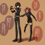  boots brown_hair code_geass green_eyes kallen_stadtfeld lelouch_lamperouge male mecco red_hair redhead shirt_grab short_hair thigh-highs thigh_boots thighhighs translated translation_request 