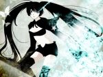  bad_id bandeau bangs black_hair black_rock_shooter black_rock_shooter_(character) blue_eyes butterflies butterfly coat gloves glowing glowing_eyes headset hooded_jacket jacket long_hair midriff pale_skin shorts solo star thigh-highs thighhighs tubetop twintails uneven_twintails very_long_hair 