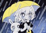  1girl bangs black_dress blush dated dress grey_eyes hair_between_eyes hands_up highres holding holding_umbrella limited_palette medium_hair no_nose original rabbit rain short_sleeves signature solo umbrella upper_body white_hair yellow_umbrella zukky000 