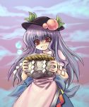  blue_hair food fruit gem_(pixiv) hat hinanawi_tenshi long_hair peach peaches touhou yandere 