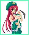  bad_id cleavage green_eyes hat hong_meiling kanae_yarushi large_breasts long_hair midriff navel red_hair redhead solo touhou undressing 