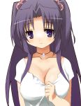  9law blush breasts bust clannad cleavage hair_bobbles hair_ornament ichinose_kotomi jewelry large_breasts long_hair necklace purple_eyes purple_hair simple_background smile solo two_side_up violet_eyes white_background 