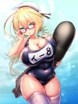  blonde_hair blue_eyes blue_swimsuit breasts covered_navel doyouwantto glasses hair_ribbon hat i-8_(kantai_collection) kantai_collection kneehighs large_breasts looking_at_viewer military_hat one-piece_swimsuit open_mouth ribbon sailor_hat school_swimsuit swimsuit torpedo twintails white_legwear 