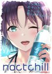  1girl asakura_tooru bangs black_hair blue_background blue_eyes blue_hair blue_nails blush bottle collarbone drink earrings group_name highres holding holding_bottle idolmaster idolmaster_shiny_colors jewelry looking_at_viewer nail_polish one_eye_closed parted_bangs profile short_hair smile solo sweat water_bottle yuzuyu_(hyui) 